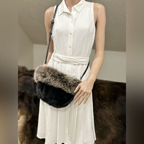 Colorblock Handmade Real Mink Fur & Fox Fur Removable leather Handles Bag - Picture 10 of 14